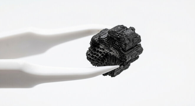 Pristine white ceramic tweezers holding highly detailed black biochar chunk