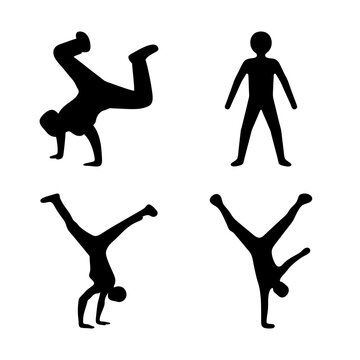 Four black silhouette handstand poses - Simple vector icons of human silhouettes performing dynamic handstand variations in black color.