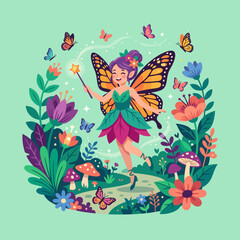 Fototapeta premium A magical forest fairy flying among colorful flowers and butterflies