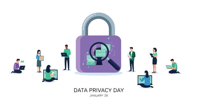 A large purple padlock with a magnifying glass over it, surrounded by people using laptops