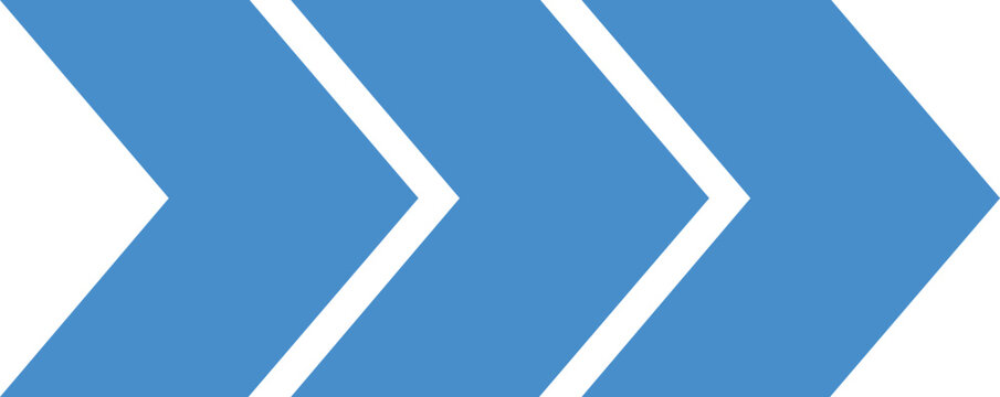 Blue right arrow icon is composed of three identical chevron symbols. Simple flat layout represents movement, progress, and direction. Vector pointer is ideal for web navigation.
