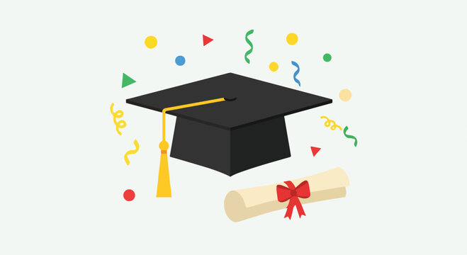 A graduation cap and scroll with confetti (1)