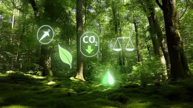 Lush forest with digital icons representing sustainability, carbon reduction, and environmental balance. A visual representation of eco-friendly practices and nature conservation