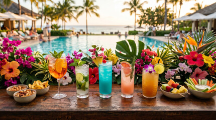 Fototapeta premium A row of colorful summer cocktails, snacks, and elegant floral decor lined up on a poolside bar, creating a minimalist festive atmosphere