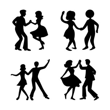 Couples dancing together in pairs silhouette style - Four silhouette couples dancing together in a playful, paired formation with dynamic poses.