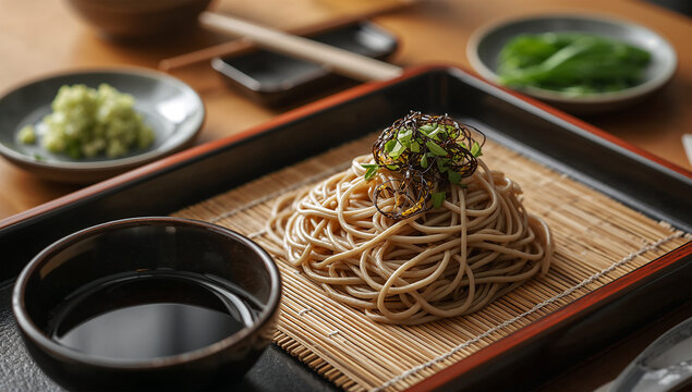 夏の昼食に食べたい冷たい蕎麦と薬味の和食メニュー写真