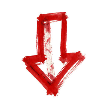 Red hand painted down arrow symbol with artistic watercolor brush stroke effect on transparent.
