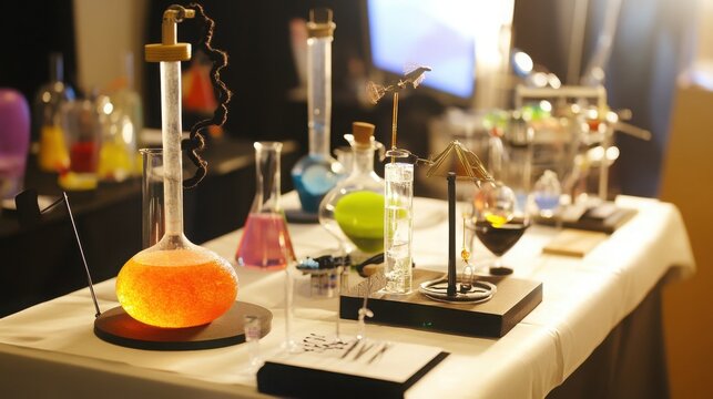 Laboratory glassware with colorful liquids displayed on a table at a science fair project exhibition