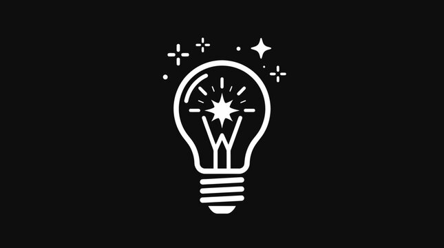 A bright lightbulb with sparkles and stars shines on a black background with creative ideas.