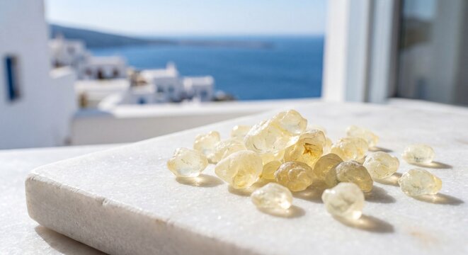 A heap of natural mastic resin tears sits on a white marble slab with a blurry Greek island view.