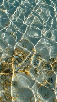 Clear water surface with light reflections and underwater rocks.
