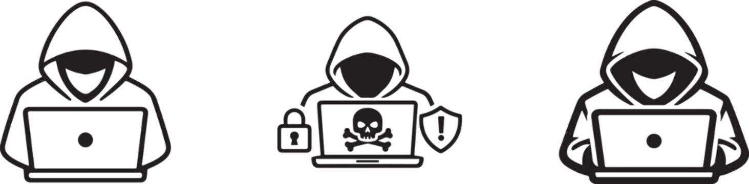 Computer hacker and spy agent icon with laptop. Editable stroke vector symbol in flat design style.