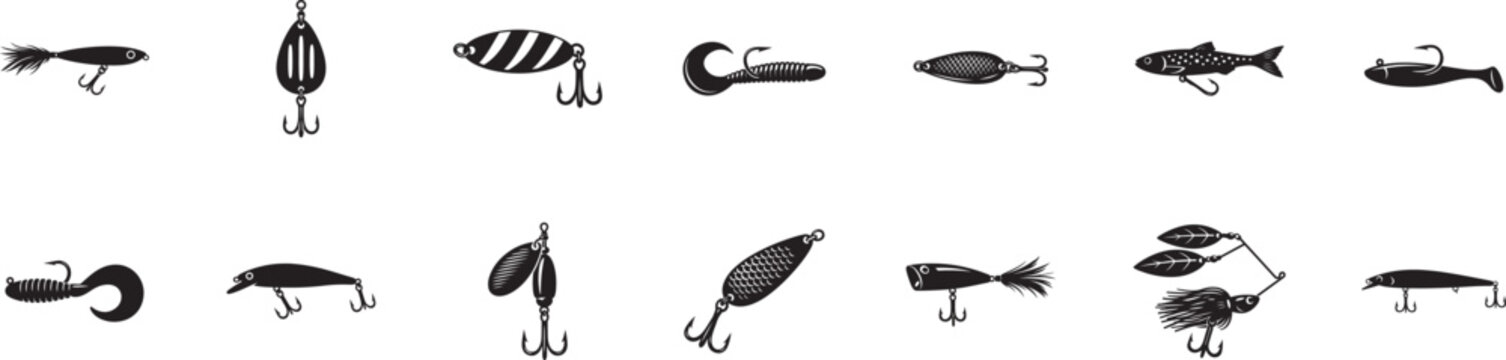 Fishing bait and lure icon set for angling, sport fishing, tackle gear and outdoor recreation.