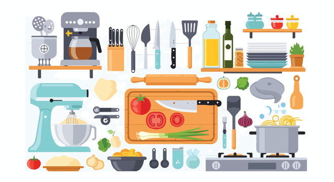 A colorful kitchen with various utensils and food items