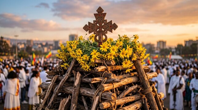 Meskel, Close-up of a traditional Demera bonfire structure, meticulously stacked dry wood branches topped with a large wooden cross and vibrant yellow Adey Abeba daisies