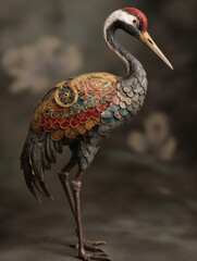 Obraz premium Detailed and colorful metal crane sculpture with intricate patterns and textures stands gracefully against blurred background, evoking elegance
