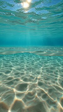 Clear underwater view of sandy ocean floor with sunlight reflections and blue water.