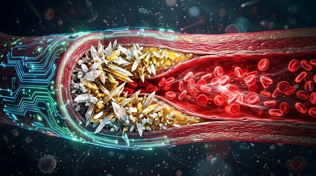 Cross section of human artery showing cholesterol plaque buildup narrowing blood vessel with red blood cells flowing representing atherosclerosis arterial blockage heart disease and cardiovascular 