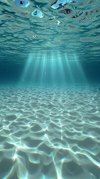 Sunlight rays penetrating clear shallow ocean water with sandy bottom.