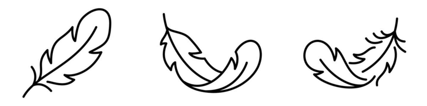 Set of feather icons, symbols for lightness, flight, writing, nature, and creativity. Vector illustration