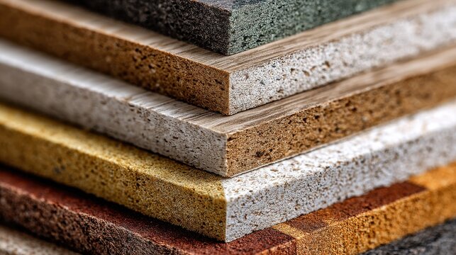 Close-up view of chipboard and MDF panel samples and finishing materials for furniture production, chipboard, MDF