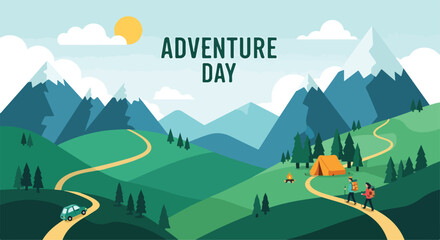 Obraz premium A scenic landscape with mountains, tents, and people on an adventure