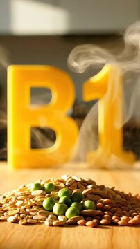 Vitamin B1 supplement with peas and grains on wooden table indoors 