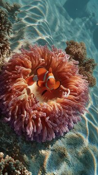 Close-up of a clownfish nestled in a vibrant sea anemone underwater.