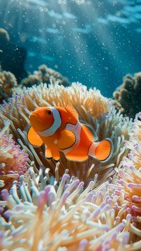 Close-up of a vibrant clownfish swimming among colorful sea anemones underwater.