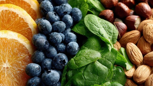 colorful mix of healthy foods, including fresh blueberries, orange slices, almonds, hazelnuts and green spinach leaves.s 