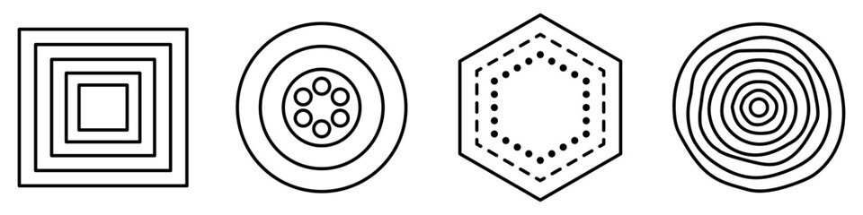 Fototapeta premium Set of geometric concentric shape icons, symbols for layers, structure, growth, target, focus, and abstract design. Vector illustration