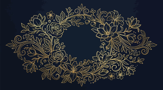 Ornate golden floral wreath frame on dark navy background