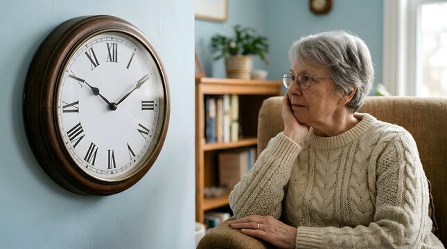 Thoughtful elderly senior woman sitting alone at home looking away beside large wall clock representing aging time passing memory loss loneliness retirement and reflection in later life