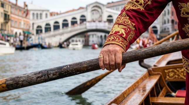 Regata Storica Detailed shot of a rower's hands gripping a weathered wooden oar