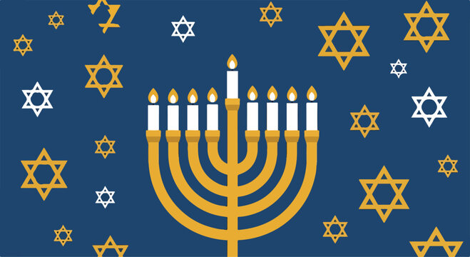 A menorah with nine candles surrounded by star symbols