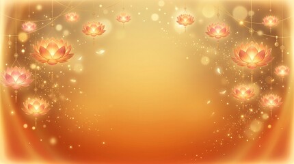 Obraz premium Ullambana Festival banner background, elegant golden and saffron gradient, glowing lotus lantern decorations, peaceful Buddhist spiritual atmosphere