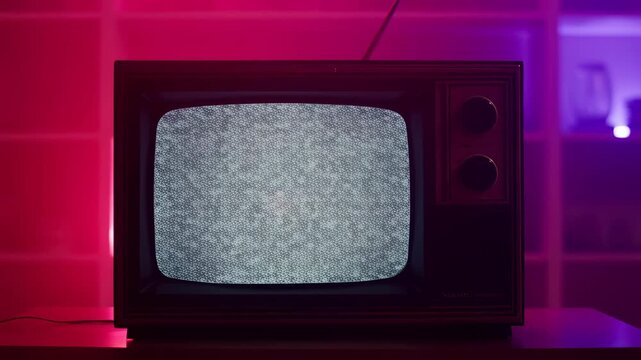 Vintage television displaying static noise in a colorful ambient setting. Represents nostalgia and the evolution of media technology