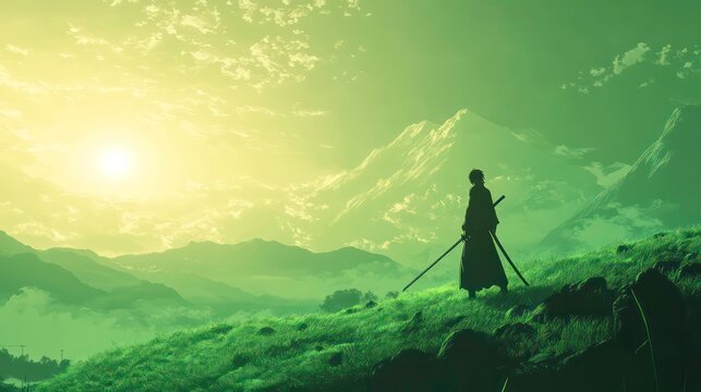 A anime scene of a man slashing a sword on a green hill - silhouette of a person in the mountains