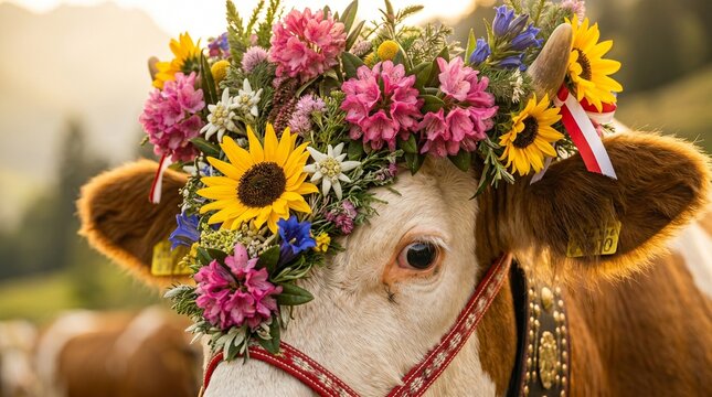 Almabtrieb, close-up of a Simmental cow wearing an intricate crown of Alpine roses and sunflowers,