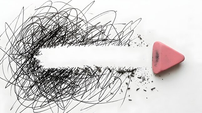 Pink eraser rubbing out scribbled pencil marks to reveal clean white arrow pointing forward representing clarity direction problem solving simplifying complexity and finding the right path forward