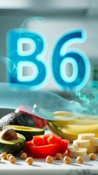 Vitamins and healthy food ingredients on a kitchen counter with B6.