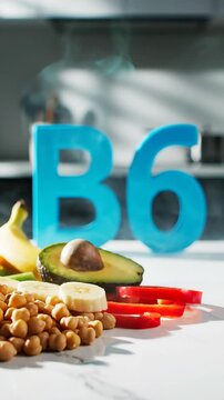 Fresh food ingredients with B6 vitamin on kitchen counter