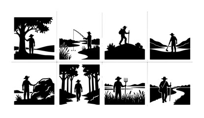 Outdoor Adventure Silhouettes: 8 Vector Icons of Hiking, Fishing, and Nature Exploration, Black and White Graphic Elements for Travel and Recreation Themes © Ruksana