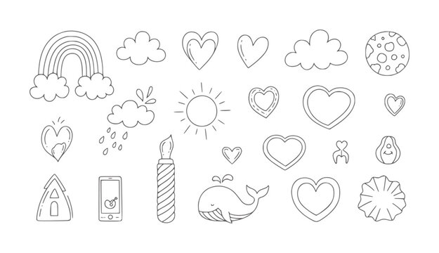 Hand drawn doodle of rainbow clouds sun hearts whale candle phone