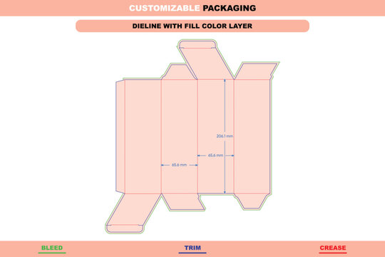 Rhombus polygonal box dieline template with fill color layer, featuring labeled bleed, trim, and crease lines with precise metric dimensions in millimeters