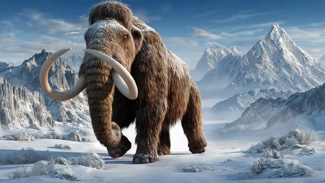 Mammoth in Arctic Landscape: A majestic mammoth with shaggy fur and impressive tusks treks across a snow-covered terrain, set against a backdrop of towering, icy mountains under a crisp, clear sky.