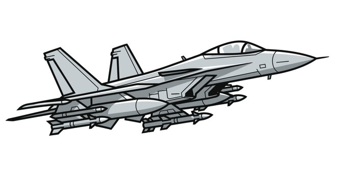 Grey military fighter jet with twin tail fins and missile payload in flight