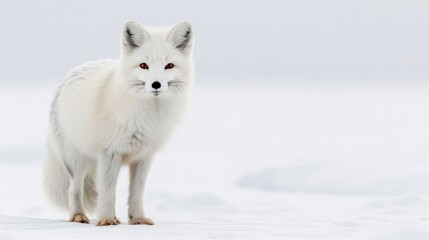 Fototapeta premium A pristine white arctic fox with striking orange eyes is captured in a minimalist composition standing in the snowy wilderness of the tundra under natural light offering ample white copy space