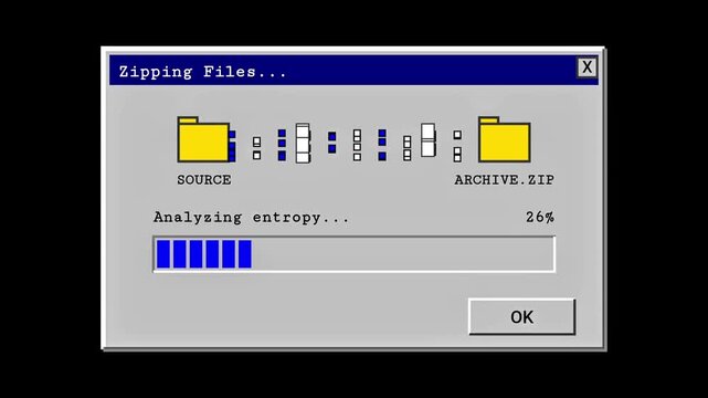 Retro computer screen shows file zipping progress bar, data compression, archiving, technology concept