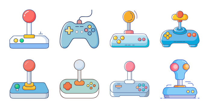 Colorful game controller icons set - Bright and playful set of six game controller icons in various styles and colors, perfect for gaming and tech graphics.